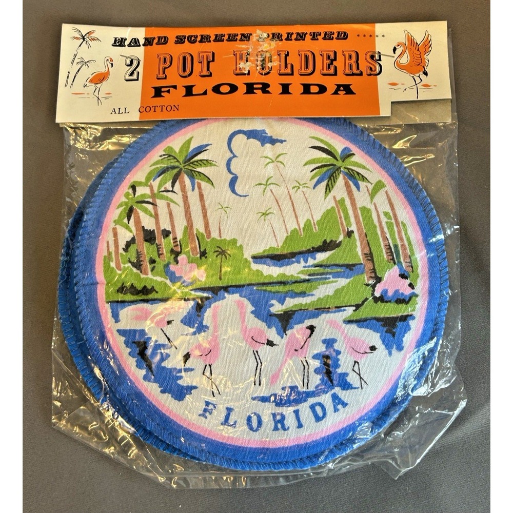 Vintage Hand Screen Printed Set of 2 FLORIDA Cotton Pot Holders ‎ Flamingo Palms